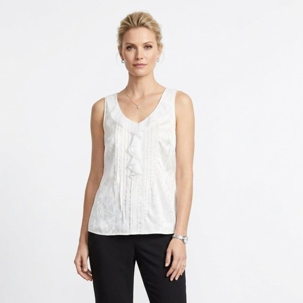 White House Black Market 100% Silk White Ruffle Pleat Front Sleeveless Top S